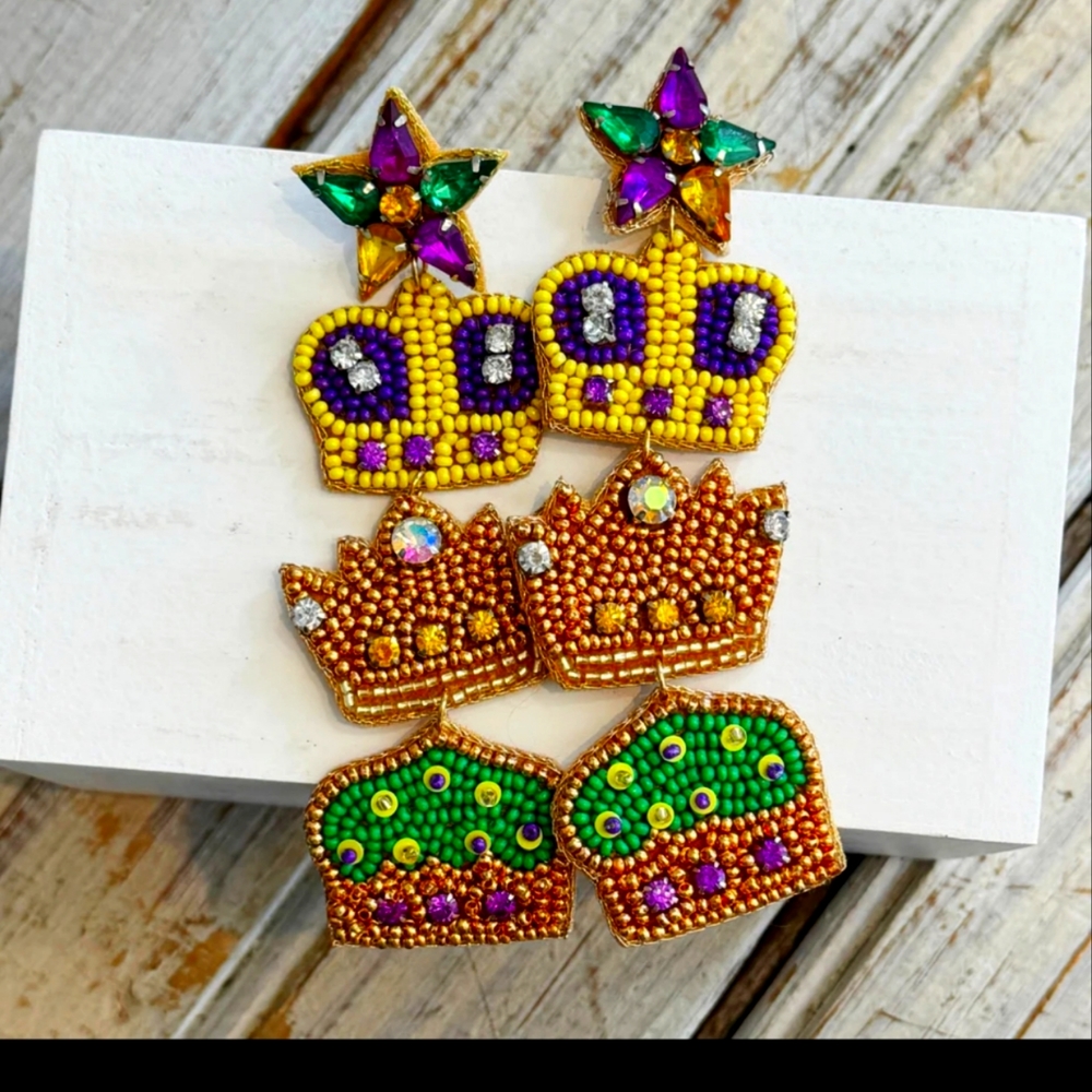 Mardi Gras beaded crown earrings p